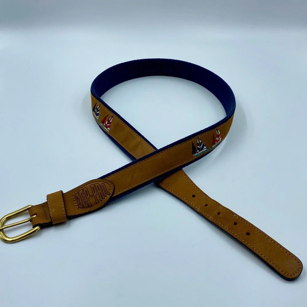 Men's Tan Leather Belt with Embroidered Sailboats